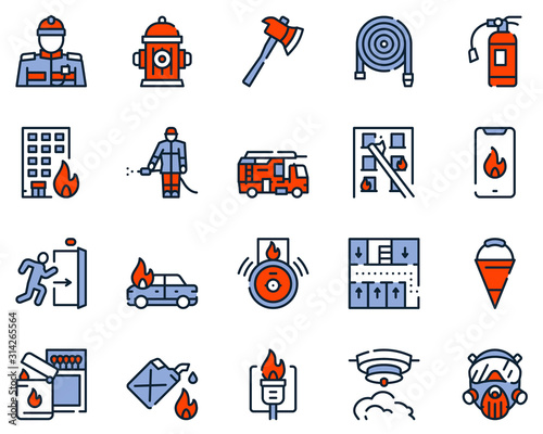 Firefighting red linear vector icons set