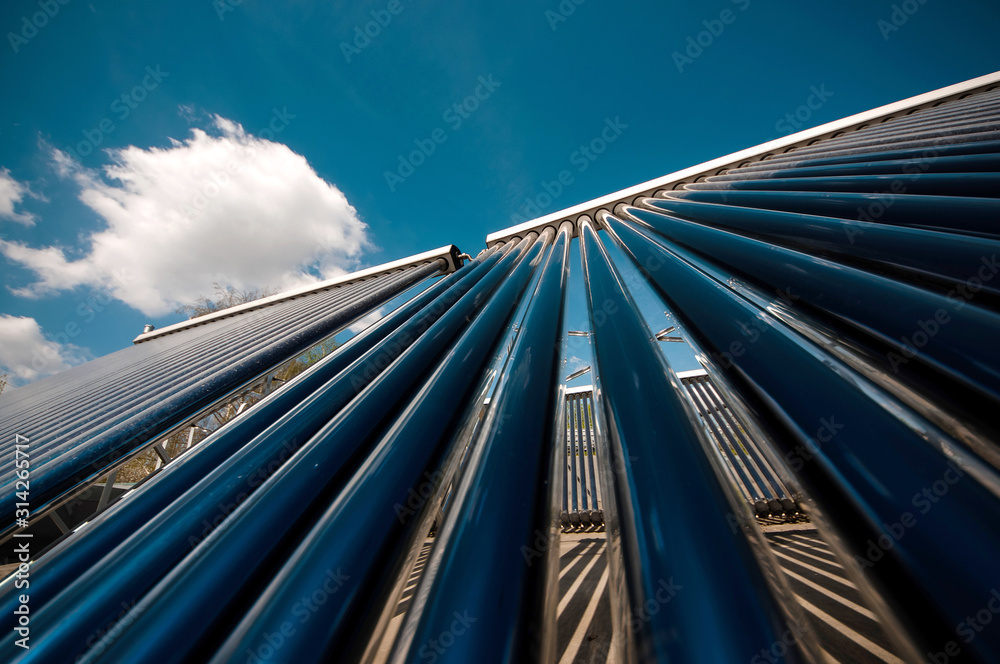 Closeup of vacuum tubes from solar water heating system.