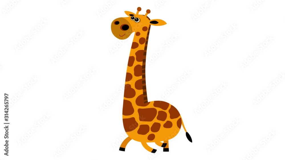 Cartoon giraffe flat design children animation walking cycle. Alpha channel included. Cute 2d hand made African yellow brown animal character animation good for any use. 