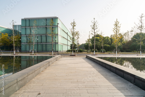 Modern business office area at sunrise