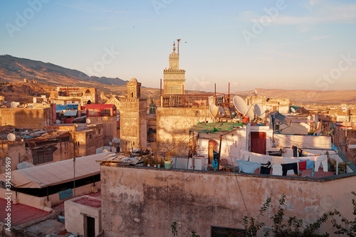 View of Fez City from the roof top terrace. Fes el Bali Medina, Morocco, Africa