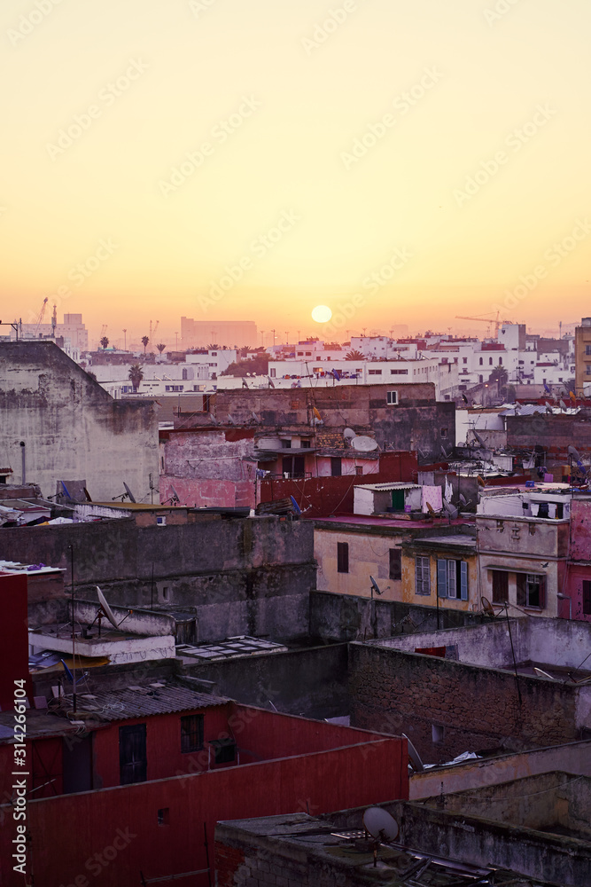 The ancient city at sunrise. Old houses in medina of Casablanca, Morocco.