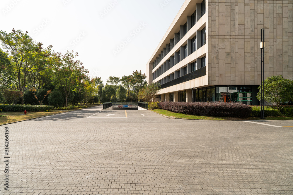 Modern business office area at sunrise