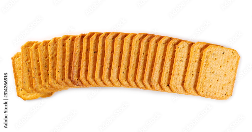 Salty crackers, snacks pile isolated on white background, top view Salty crackers, snacks pile isolated on white background, top view