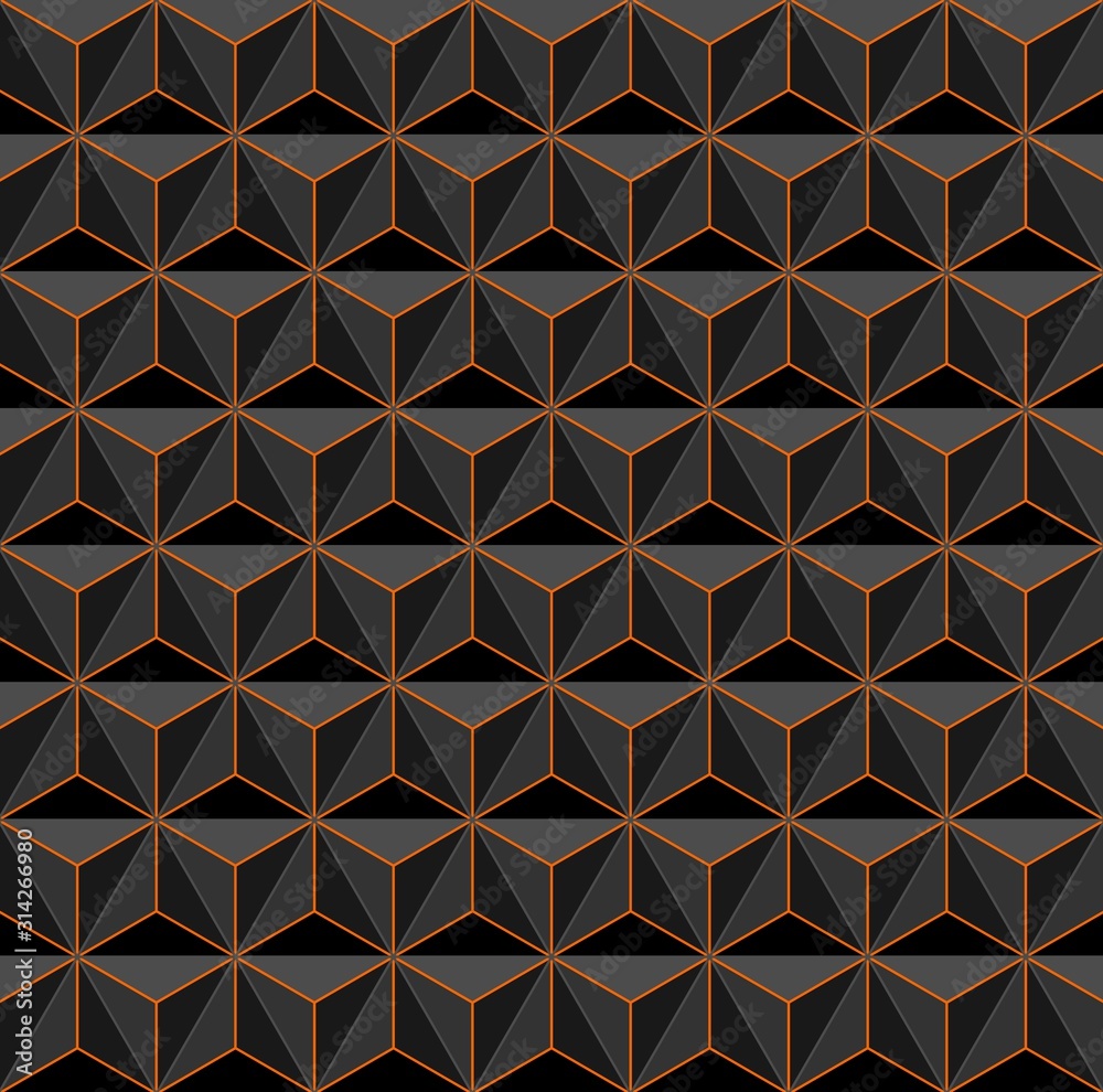 Black crystal lattice decorated orange lines. Abstract mosaic background. Polygon pattern. Facet cyber structure 3d illustration. Plain texture. 
