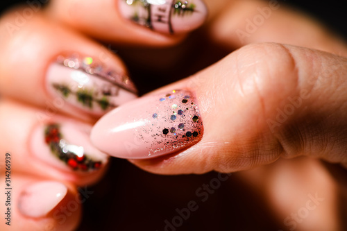 Nails Design. Hands With Bright Pink and White Manicure On Background. Close Up Of Female Hands. Art Nail. New Year manicure