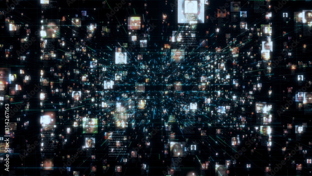 a social network with a stream of unrecognizable people portraits moving along blue network grid and data connections in black cyberspace background, 3d rendering 4K footage