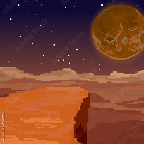 Vector pixel art of 80s Retro sci-Fi background. Pixel art background. 8bit. Mars