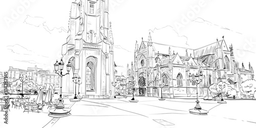 Basilica of Saint-Michel. Bordeaux. France. Hand drawn sketch. Vector illustration.