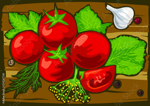 Fototapeta Naklejka Na Ścianę i Meble -  Tomatoes with herbs on board