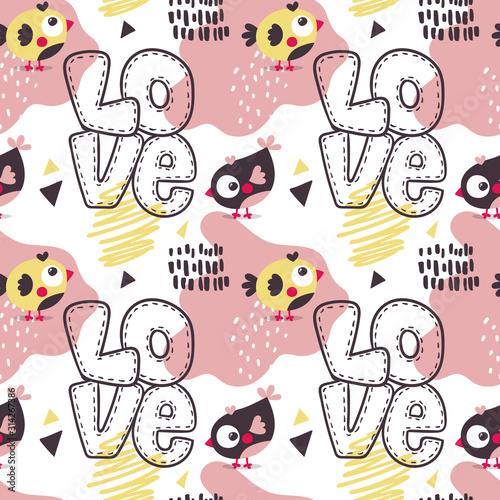 Seamless bright colorful cute pattern with love  hearts  birds  friends  Valentines Day