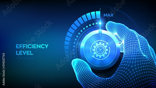 Efficiency levels knob button. Increasing Efficiency Level. Wireframe hand turning a efficiency test knob to the maximum position. Development and growth business concept. Vector illustration.