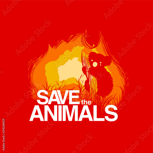 vector illustration of a sad koala bear, in hot colour theme, represent wild fire in Australia.