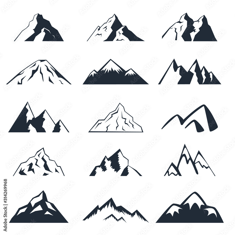 Mountain icons set on a white background. 