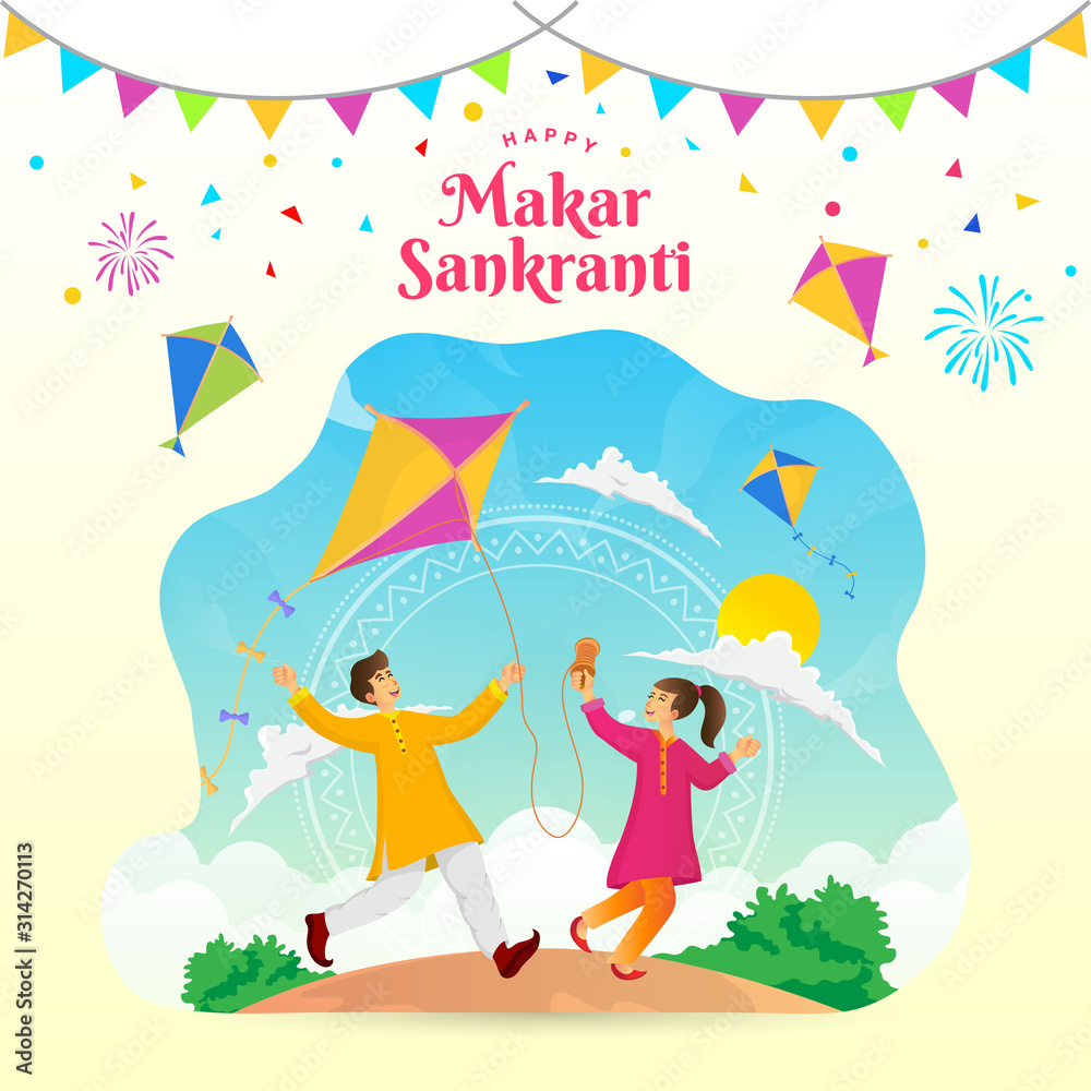 Happy Makar Sankranti greeting card design. cartoon indian boy and girl playing kite in the field celebrating Makar Sankranti festival