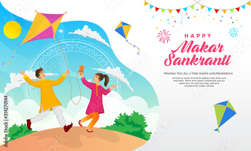 Happy Makar Sankranti greeting card design. cartoon indian boy and girl playing kite in the field celebrating Makar Sankranti festival