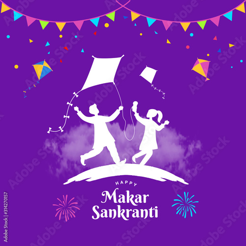 Happy Makar Sankranti greeting card design. cartoon indian boy and girl playing kite in the field celebrating Makar Sankranti festival