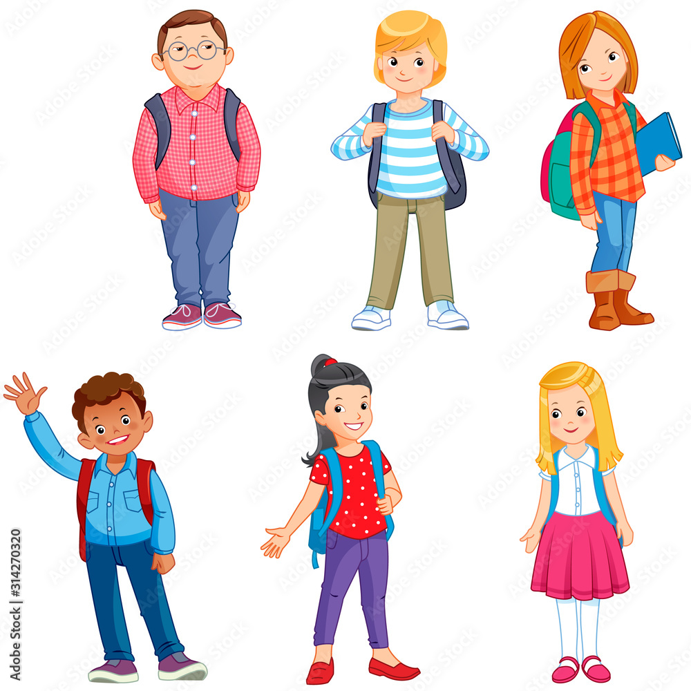 Pupils with school backpacks. Set of kids with school supplies. School kids with books. Education cartoon vector isolated illustration Pupils with school backpacks. Set of kids with school supplies. School kids with books. Education cartoon vector isolated illustration