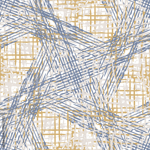 Grey french linen vector texture seamless pattern. Brush stroke grunge ornamental woven abstract background. Country farmhouse style textile. Irregular distressed marks all over print in gray blue.
