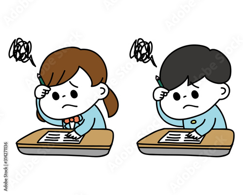 勉強　悩む・考える男の子と女の子
