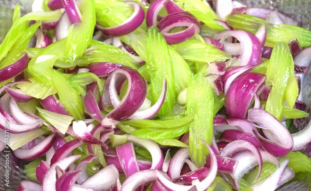 Onion and celery salad. Cooking healthy food.