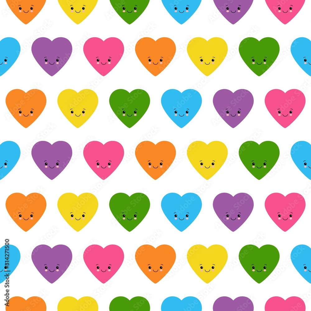 Funny happy smiley seamless love heart background in pretty colors.