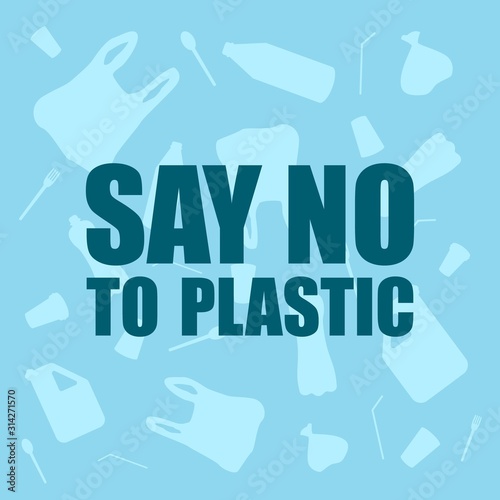 Stop ocean plastic pollution. Ecological poster. There are plastic garbage, bottle on blue background in the water. Plastic problem. Say no to plastic