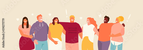 Group of standing young people hugging. Friendship and youth vector illustration