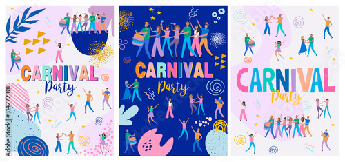 Set of Carnival posters with funny dancing men and women, carnival objects and abstract shapes. Design template for cards, posters and banners.  Editable vector Illustration.
