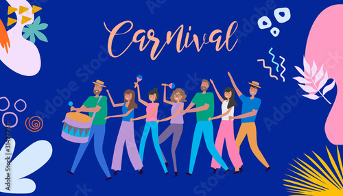Carnival poster with funny dancing men and women, carnival objects and abstract shapes. Design template for cards, posters and banners.  Editable vector Illustration.
