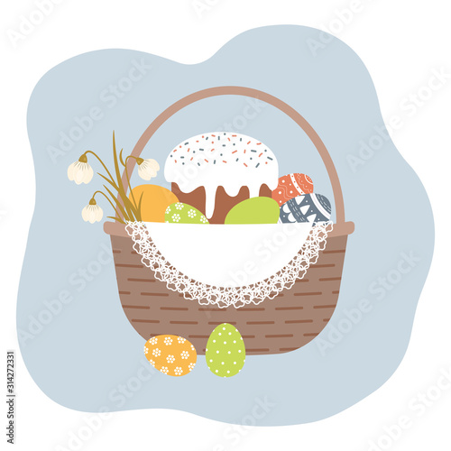 Easter Basket with cute decorated Easter eggs,kulich and snowdrop flowers on white openwork vintage doily. Collection of symbols of religious holiday covered with patterns - dots,stripes. Vector