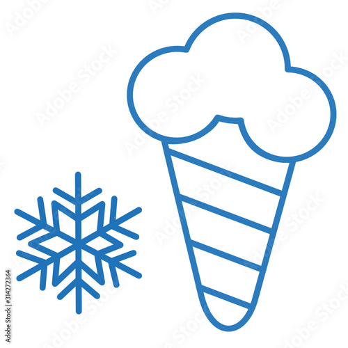 ice cream waffle cone and snowflake, blue linear icon on white isolated background