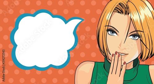 Vector illustration of pop art. The blond woman covered her mouth with her hand.