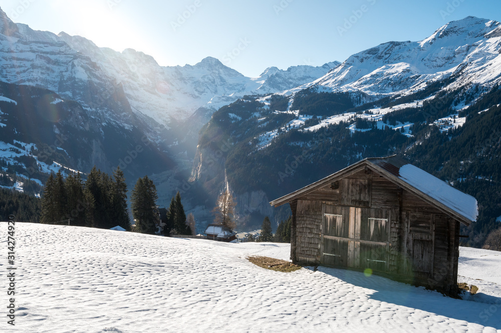 magical Lauterbrunnen Valley seen from Wengen with barn on a snow covered field