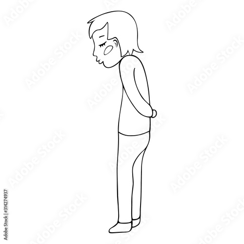 The young man dreams of a kiss. Outline of a boy on a white isolated background.  Stock vector illustration. Idea for a book, magazine.  Coloring book for children and adults.  Valentine day. 