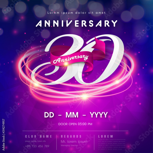 30 years anniversary logo template on purple Abstract futuristic space background. 30th modern technology design celebrating numbers with Hi-tech network digital technology concept design elements.
