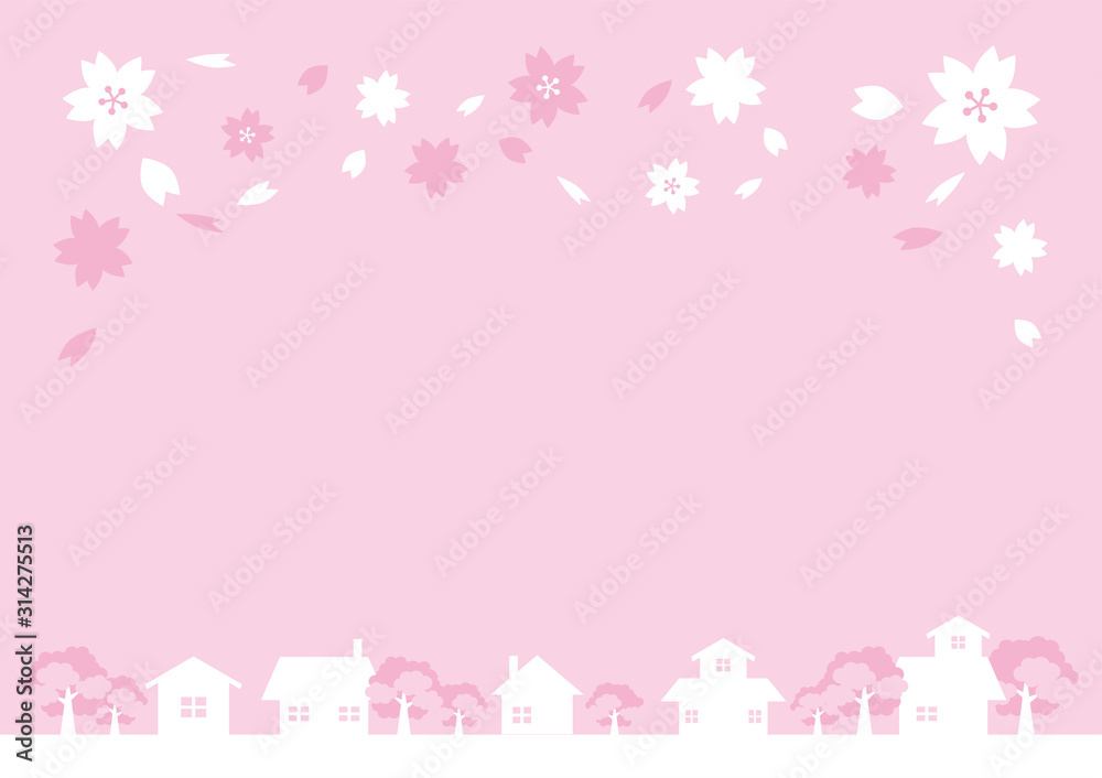 かわいい家が並ぶ桜舞い踊る春の街並みの風景