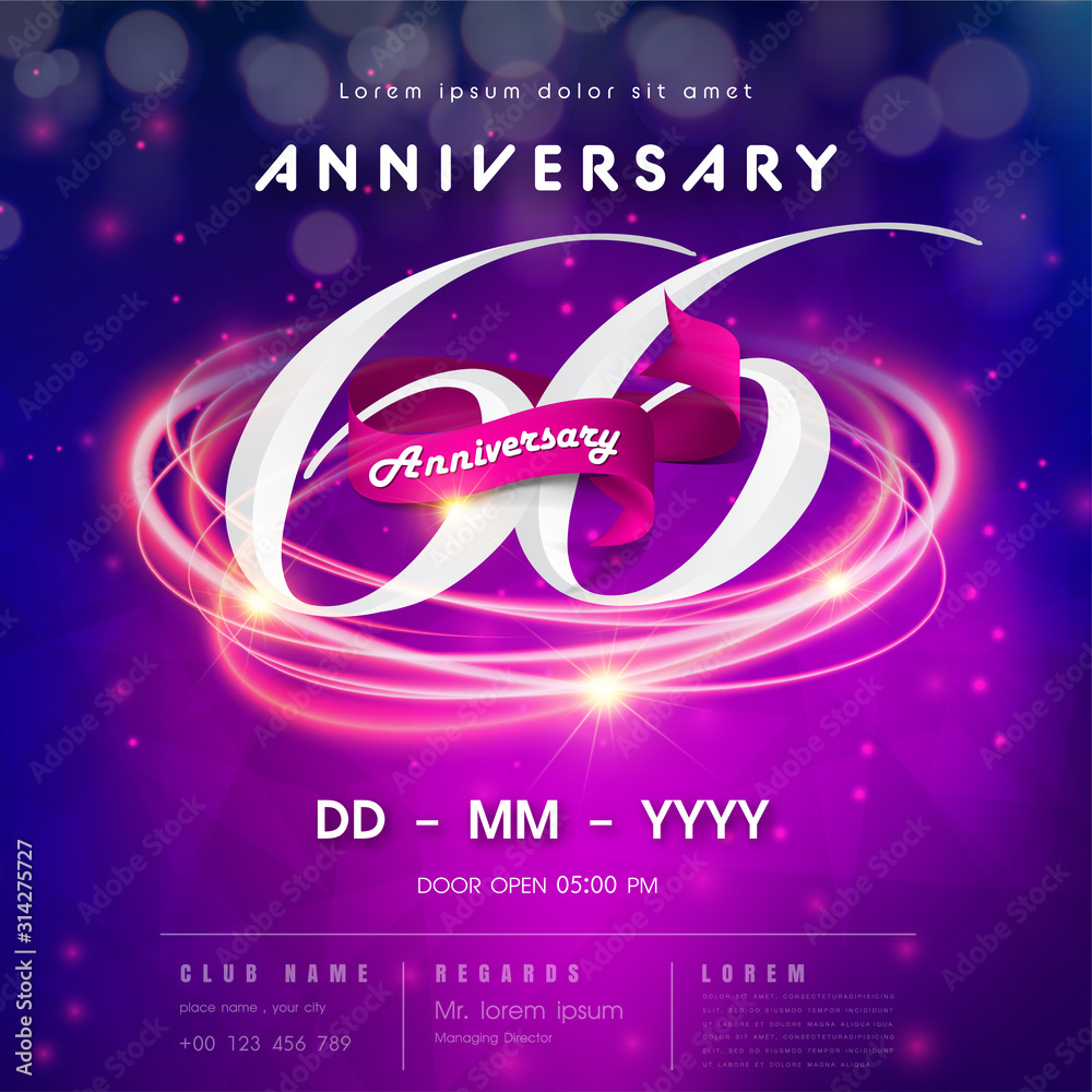 Fototapeta premium 66 years anniversary logo template on purple Abstract futuristic space background. 66th modern technology design celebrating numbers with Hi-tech network digital technology concept design elements.