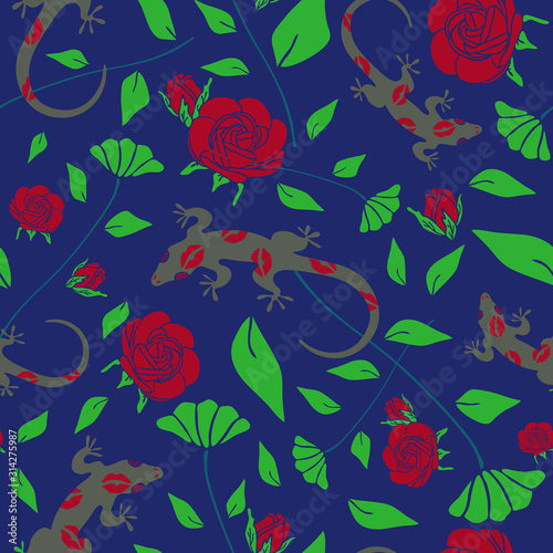 Seamless vector pattern with lizard and roses on blue background. Wallpaper design with  gecko and flowers. Animal love fashion textile.