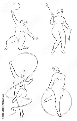 Collection. Gymnastics Silhouette of a girl with a hoop, ribbon, ball, clubs. The woman is overweight, a large body. The girl is a full figure. Set of vector illustrations.