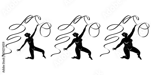 Collection. Silhouette of a cute lady, she is engaged in rhythmic gymnastics with a ribbon. The woman is overweight and slender girl athlete. Vector illustration set.