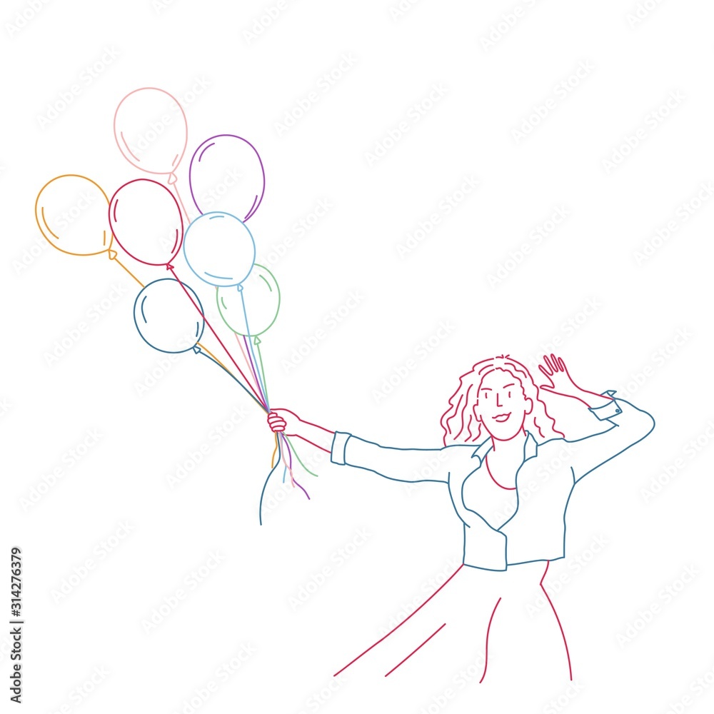 Girl with balloons. Colour line drawing vector illustration. Girl with balloons. Colour line drawing vector illustration.