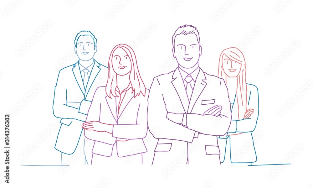 Group of business people. Business team. Colour line drawing vector illustration.
