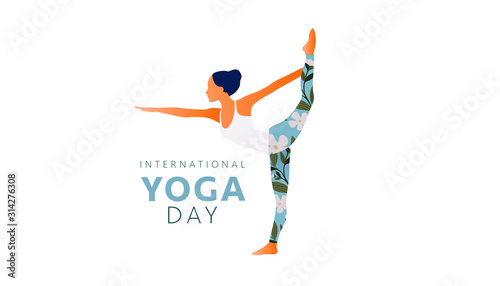 Woman practicing yoga exercise, yoga pose. Modern flat design concept of web page design or mobile website. International Yoga Day. Vector illustration