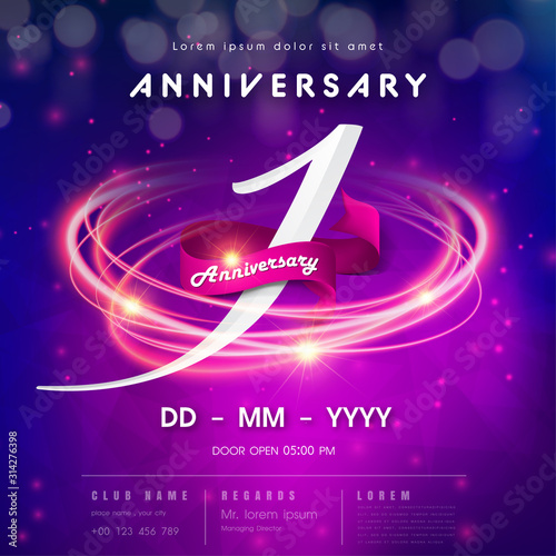 1 years anniversary logo template on purple Abstract futuristic space background. 1st modern technology design celebrating numbers with Hi-tech network digital technology concept design elements.