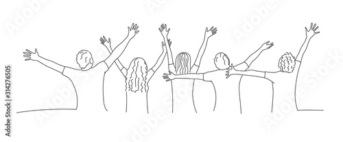 Line drawing of people stands with raised arms. Vector illustration.