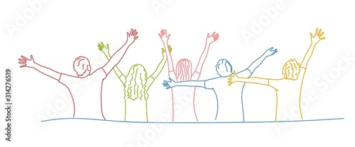 Group of friends stands with raised arms. Colour line drawing vector illustration.