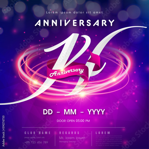 14 years anniversary logo template on purple Abstract futuristic space background. 14th modern technology design celebrating numbers with Hi-tech network digital technology concept design elements.