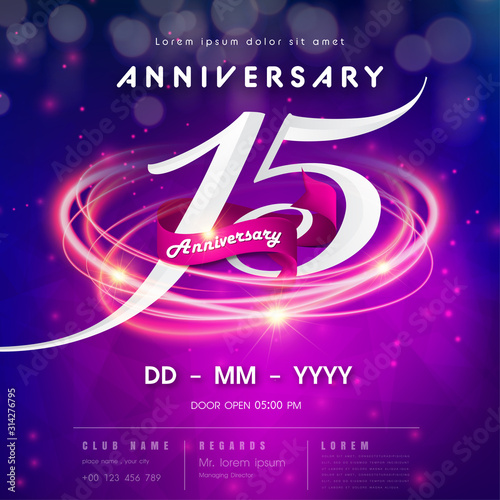 15 years anniversary logo template on purple Abstract futuristic space background. 15th modern technology design celebrating numbers with Hi-tech network digital technology concept design elements.