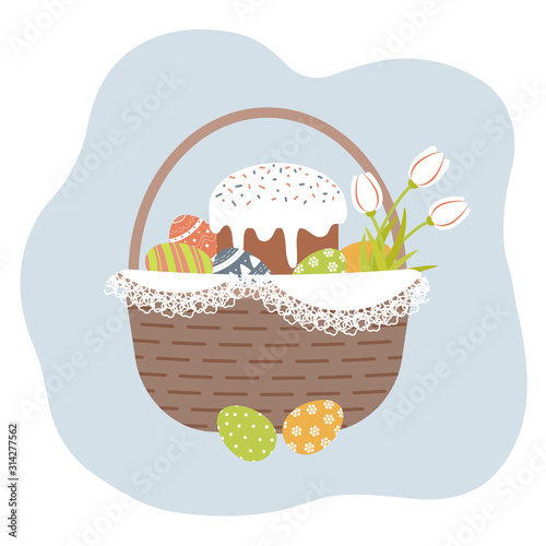 Easter Basket with cute decorated Easter eggs,kulich and tulips on white openwork vintage doily. Collection of symbols of religious holiday covered with patterns - dots,stripes. Vector illustration